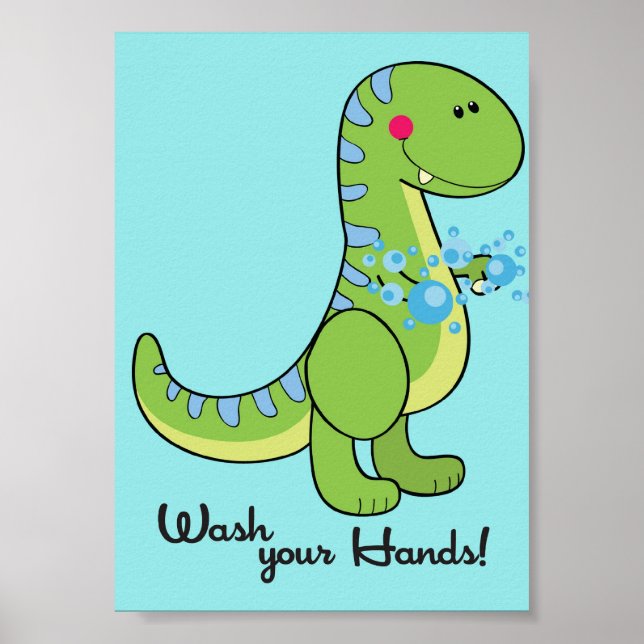 Poster Dinossauro 5x7 Lave Suas Mãos Arte de Muro (Frente)