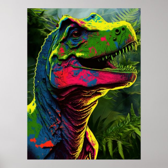 Poster Dinossauro Azul T Rex Rosa e Selva Crianças Verdes (Frente)