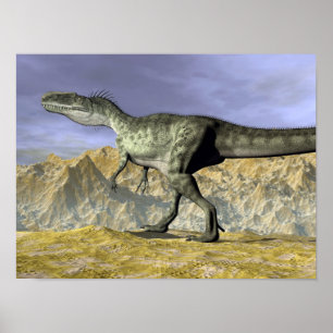 Pôster Dinossauro do Monolophosaurus no deserto - 3D