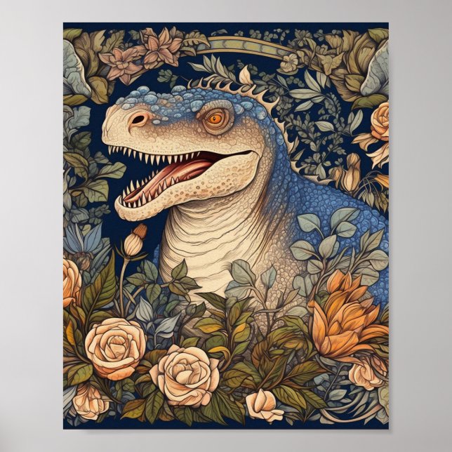 Poster Dinossauro e flores estilo art nouveau (Frente)