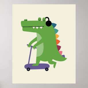 Poster Dinossauro em um Scooter com Fones de Ouvido Bebê