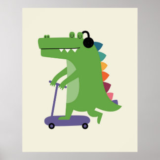 Poster Dinossauro em um Scooter com Fones de Ouvido Bebê