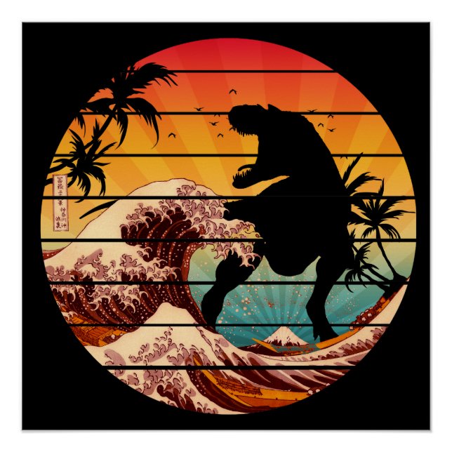 Pôster DINOSSauro ENGRAÇADO ONDA DE KANAGAWA VINTAGE (Frente)
