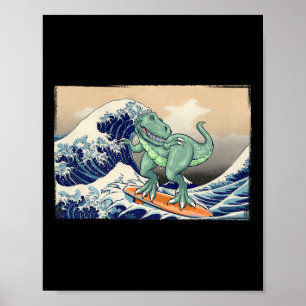 Poster Dinossauro Engraçado, T Rex Surfando, Arte de Dino
