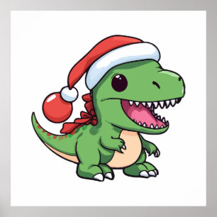 Poster Dinossauro Kawaii T-Rex no Chapéu de Natal