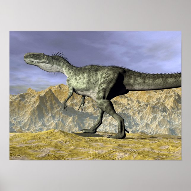Pôster Dinossauro monolophossauro no deserto - renderizaç (Frente)