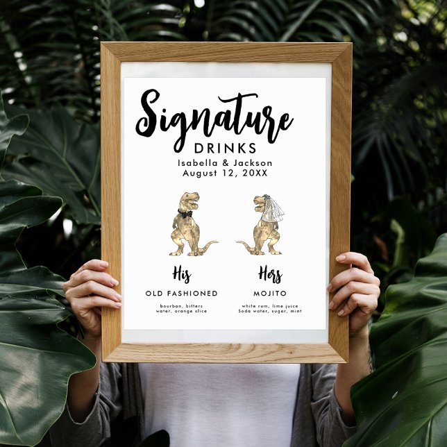 Poster Dinossauro, Noiva de Casamento e Bebidas de Assina (Funny Dinosaur bride and groom wedding signature drinks poster)