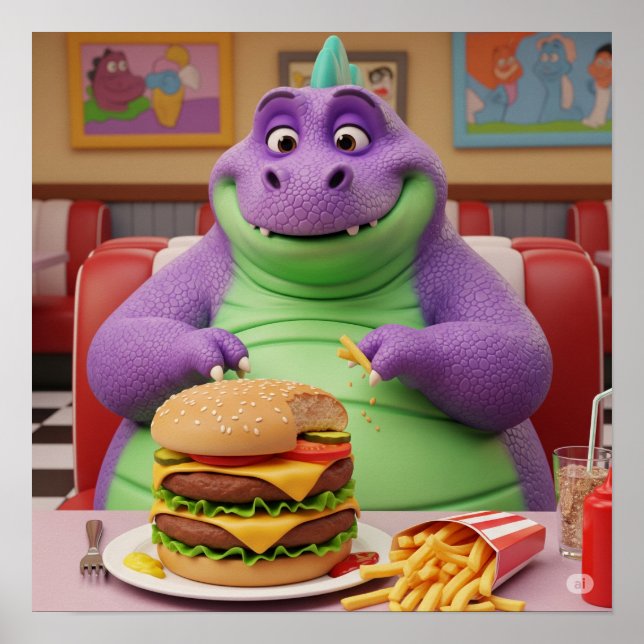 Poster Dinossauro Roxo Desfrutando de um Burger (Frente)