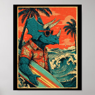 Poster Dinossauro Surfista Retro Havaí Verão Triceratops