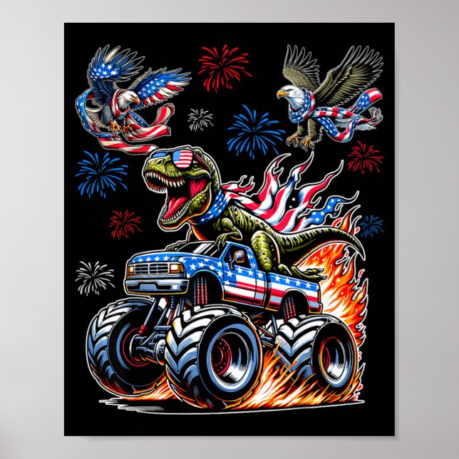 Poster Dinossauro T-Rex com Caminhão Monstro Águia Bandei (Frente)