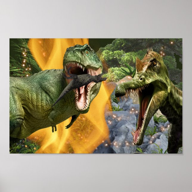 Poster Dinossauro T-rex luta chamas meninos tema Dino (Frente)