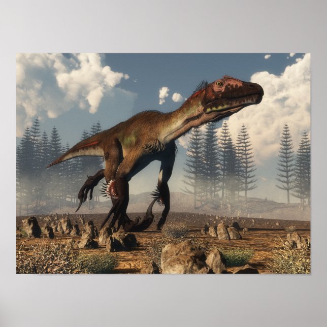 Poster Dinossauro Utahraptor no deserto - renderização 3D (Frente)