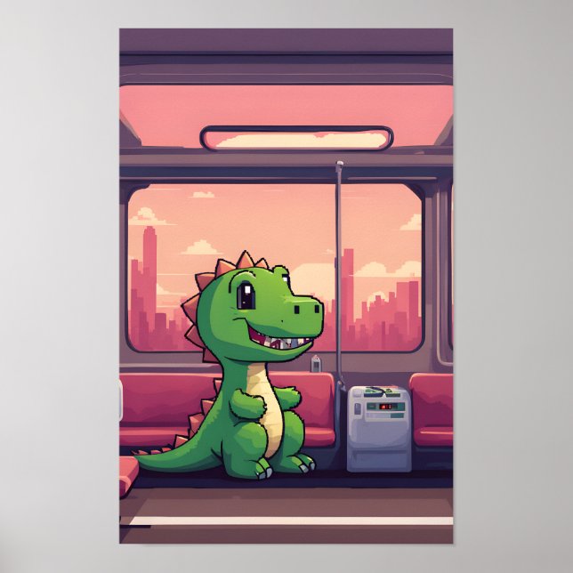 Poster Dinossauro Verde Adorável Andando pelo Comboio ao  (Frente)