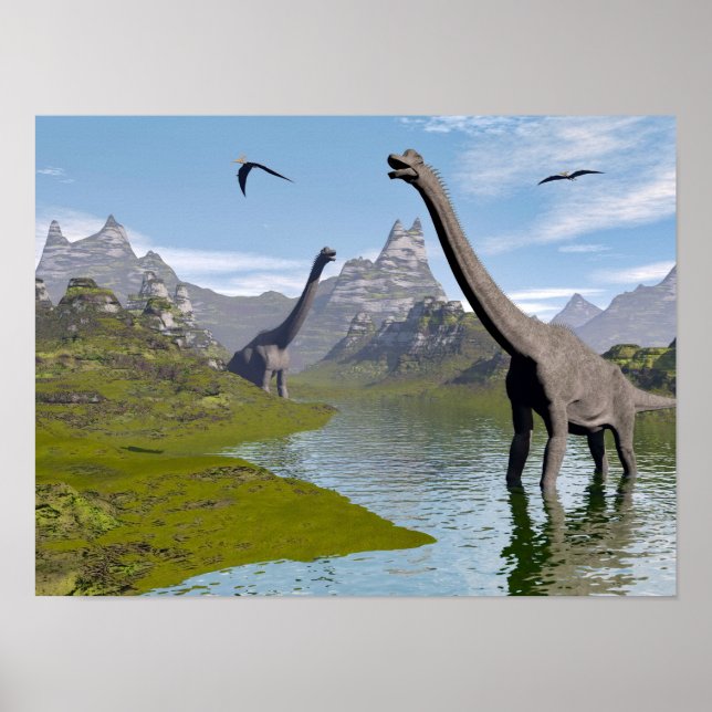 Poster Dinossauros braquiossauros na água - renderização  (Frente)