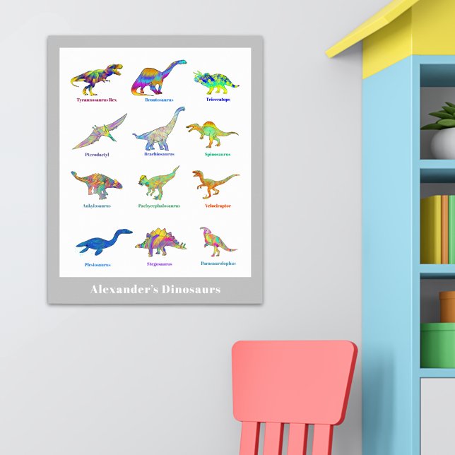 Poster Dinossauros Coloridos com Nomes Educacionais (Colorful Dinosaurs with names educational custom poster with gray boarder)