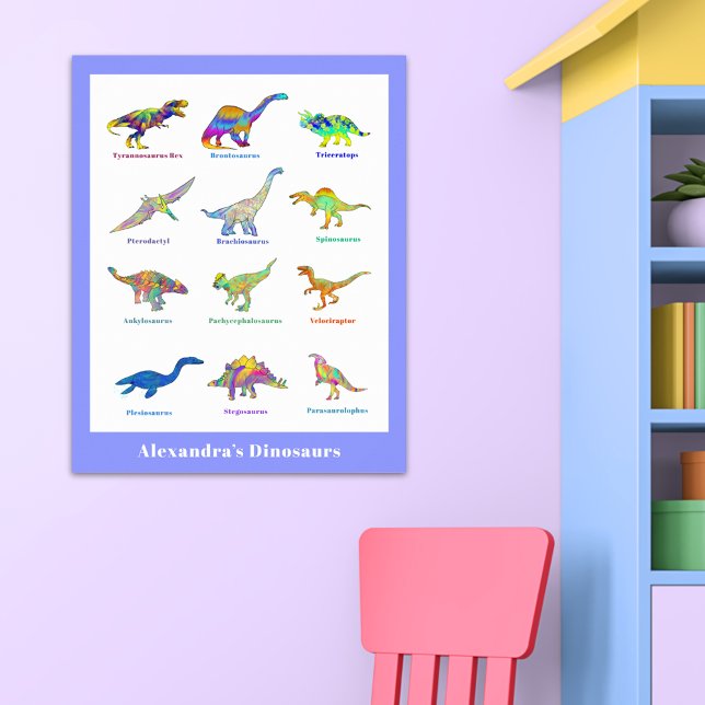 Poster Dinossauros com nomes Coloridos Educacionais (Colorful dinosaurs with names purple custom educational poster)