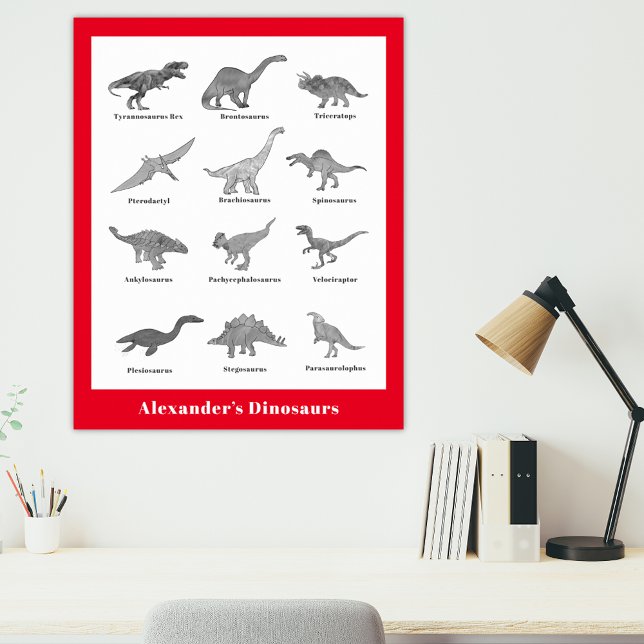 Poster Dinossauros com nomes de preto e branco educaciona (Dinosaurs with their names cool red and black custom name poster for palaeontology lovers)