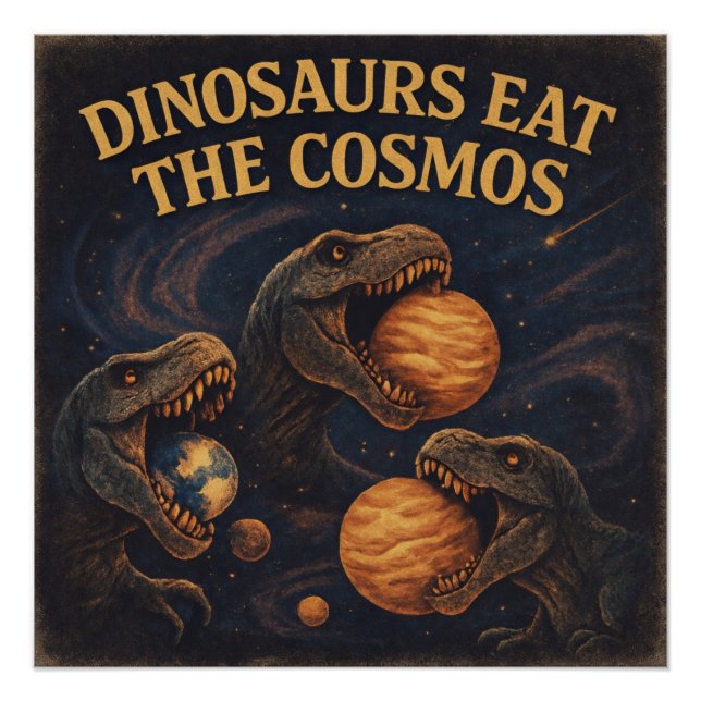 Pôster Dinossauros Comem o Cosmos – Dinossauro Espacial R (Frente)