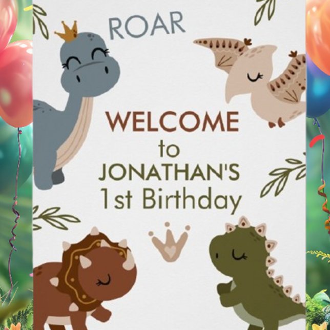 Pôster Dinossauros de Boho primeiro aniversario Adoráveis (Celebrate your little one's milestone with our Adorable 1st Birthday Boho Dinosaurs Poster!)
