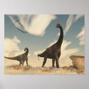 Pôster Dinossauros de Brontomerus no deserto - 3D rendem