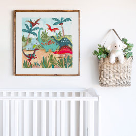 Poster Dinossauros lindos garotos pré-históricos da selva