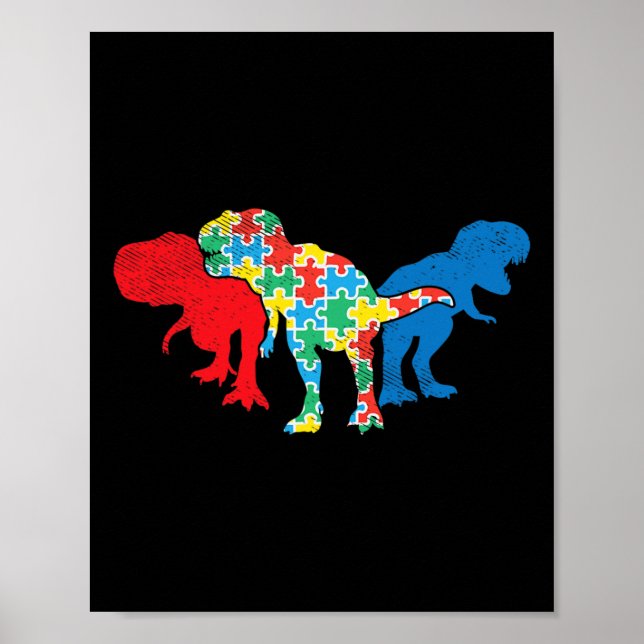 Poster Dinossauros T-Rex Quebra-cabeça Dino Autismo Consc (Frente)