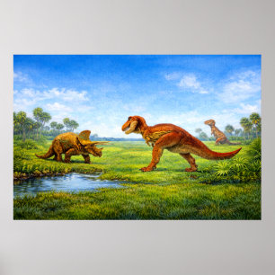Poster Dinossauros Tiranossauro & Triceratops Pré-Históri