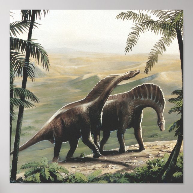 Poster Dinossauros Vintage, Amargasaurus com Palmeiras (Frente)