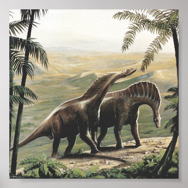 Poster Dinossauros Vintage, Amargasaurus com Palmeiras (Frente)