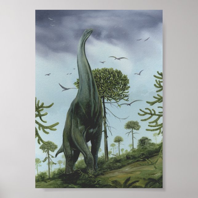 Poster Dinossauros Vintage, saurópodes com Aves Voando (Frente)