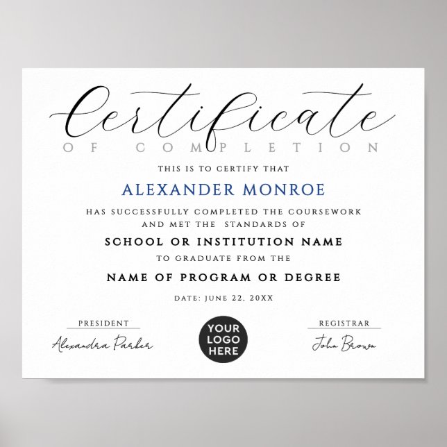 Poster Diploma Digital de Certificado Azul Preto Elegante (Frente)