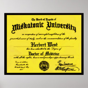 Poster Diploma Herbert da universidade de Miskatonic