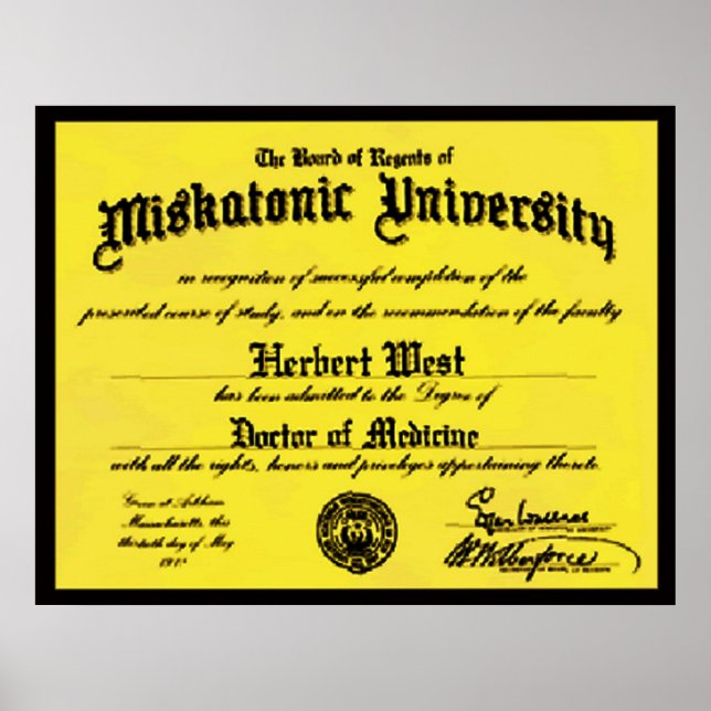 Poster Diploma Universitário Miskatonic Herbert West (Frente)