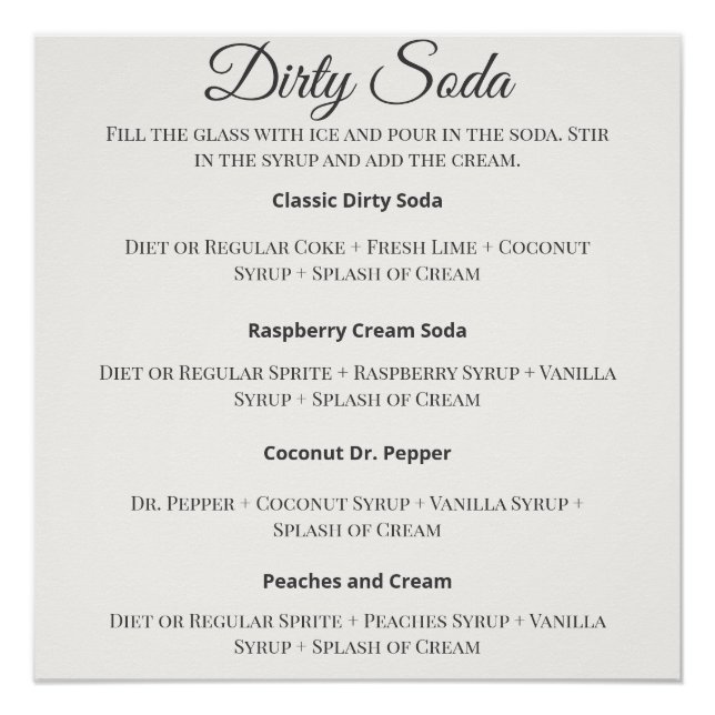 Pôster Dirty Soda Bar Sign with Recipes for Wedding (Frente)