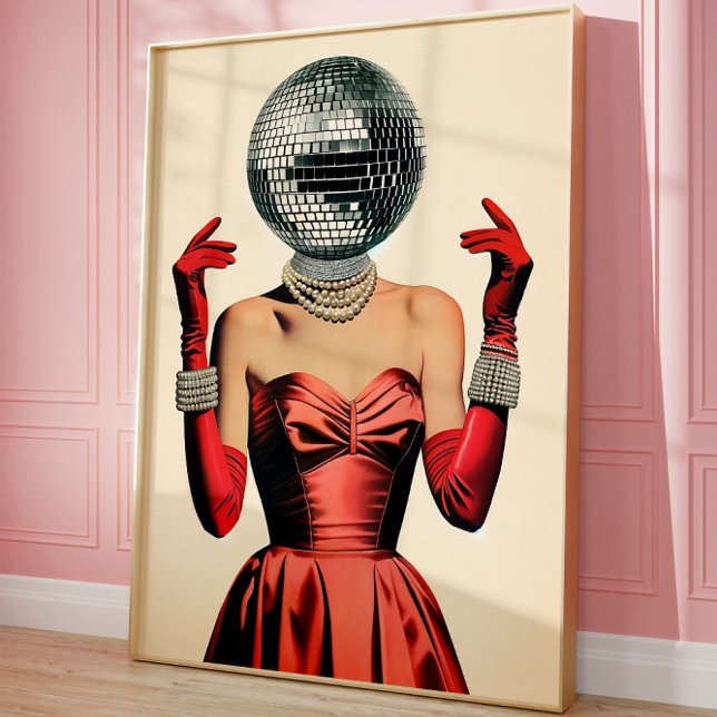 Poster Disco Ball Head Woman Wall Art, Glam Retro Party (Disco ball art)