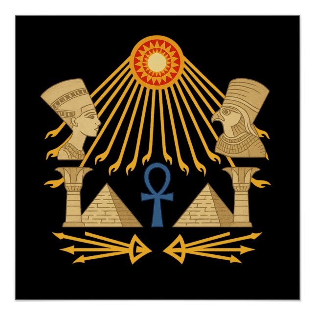 Pôster Disco do Sol Aten – Ankh, Hórus & Nefertiti (Frente)