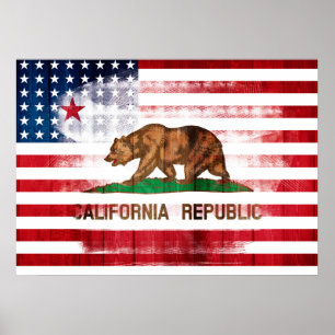Pôster Distressed American Flag & Flag of Californa