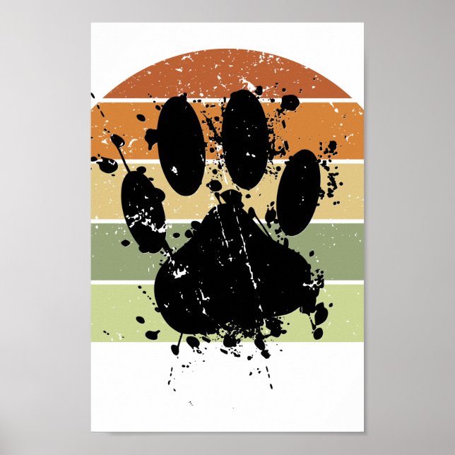 Poster Distressed Paint Splatter Dog Paw Retro Sunset (Frente)