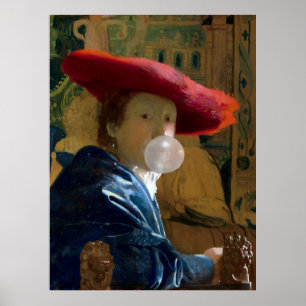 Poster Diva de chiclete em um chapéu vermelho soprando um