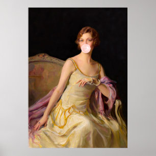Poster Diva de chiclete em um vestido amarelo soprando um