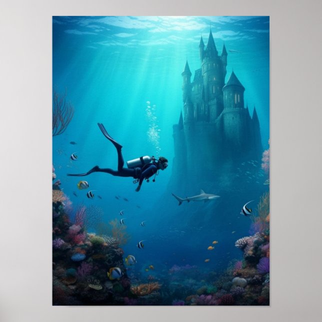 Poster Diver finds a castle in the reef (Frente)