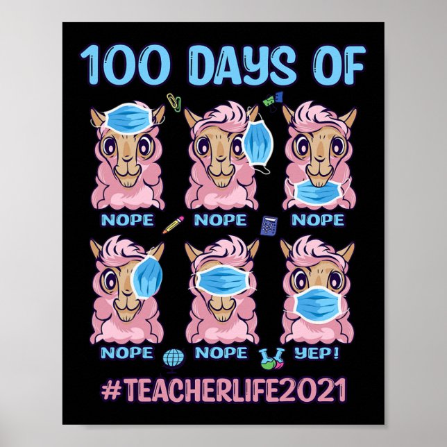 Poster Diversão 100 Dias De Escola Professor Llama Usando (Frente)