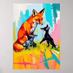 Poster Diversão em Família de Raposas – Arte Pop Neon de