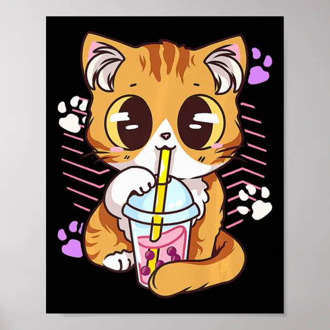 Poster Anime de Gato Samurai do Estilo Japonês Kawaii