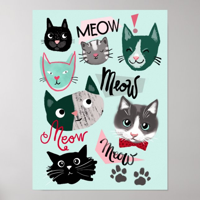 Poster Diversão no quarto de brincar rostos de gato fofos (Frente)