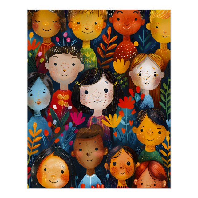Pôster Diverse Happy Children Floral Pattern Illustration (Frente)
