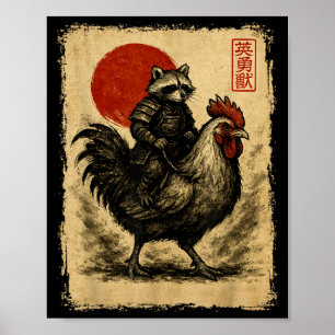 Poster Divertido Guaxinim Vintage Galo Frango Japonês Uki