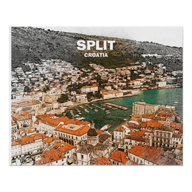 Pôster Dividir Desenho de Viagens vintage da Croácia (Frente)