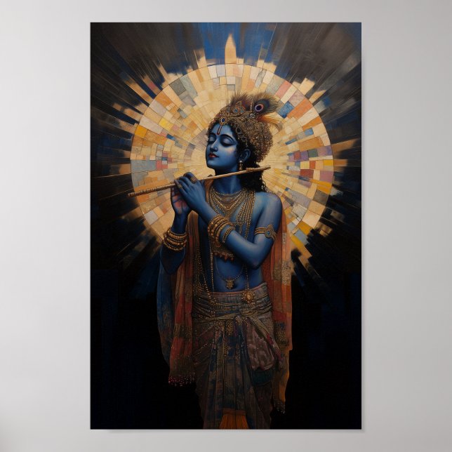 Poster Divine Lord Krishna tocando Flute Art Nouveau (Frente)