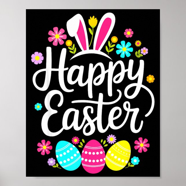 Poster Dizendo feliz páscoa ovos fofos coelho floral mulh (Frente)